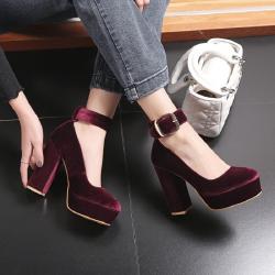 Burgundy Velvet Platforms Ankle Strap Block High Heels Mary Jane Shoes