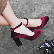 Burgundy Velvet Round Head Ankle Strap Block High Heels Mary Jane Shoes