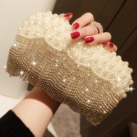 Gold Rhinestones Bling Glamorous Ring Hand Bridal Clutch Purses Bag