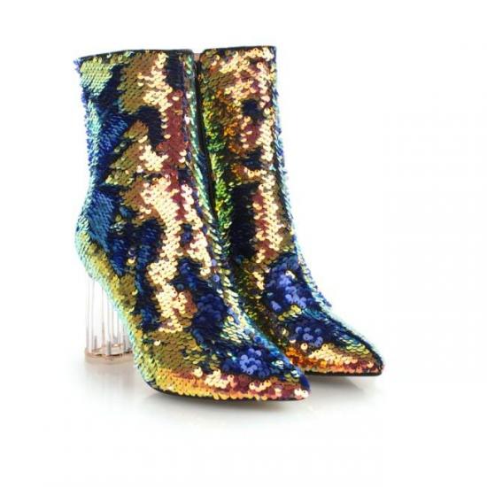 Gold Sequins Bling Ankle Party Stage Glass Block High Heels Boots Shoes Boots Zvoof