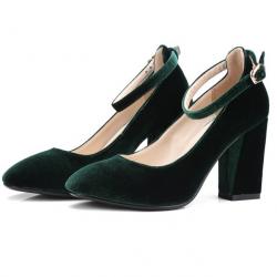 Green Velvet Round Head Ankle Strap Block High Heels Mary Jane Shoes