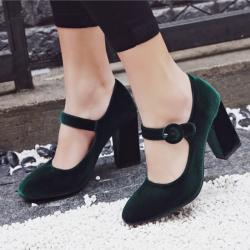 Green Velvet Round Head Block High Heels Mary Jane Shoes