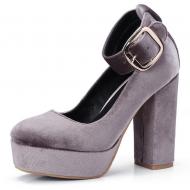 Grey Velvet Platforms Ankle Strap Block High Heels Mary Jane Shoes