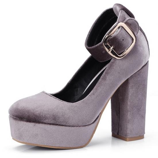 Grey Velvet Platforms Ankle Strap Block High Heels Mary Jane Shoes Mary Jane Zvoof