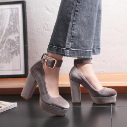 Grey Velvet Platforms Ankle Strap Block High Heels Mary Jane Shoes