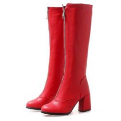 Red Zipper Knee Rider Combat Long Block High Heels Boots Shoes