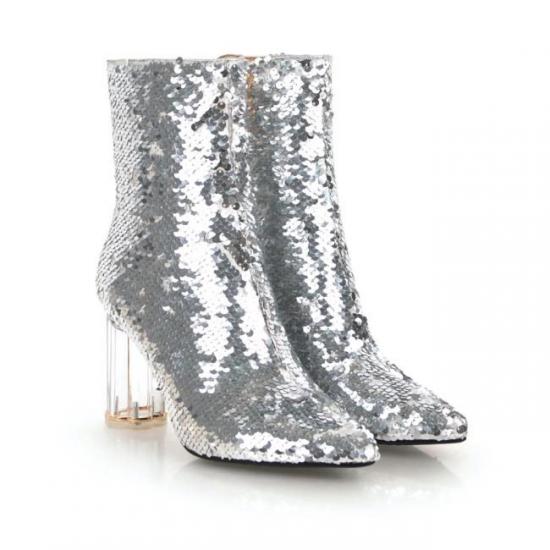 Silver Sequins Bling Ankle Party Stage Glass Block High Heels ...