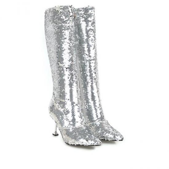 Silver Sequins Bling Knee Long Stiletto High Heels Boots ...