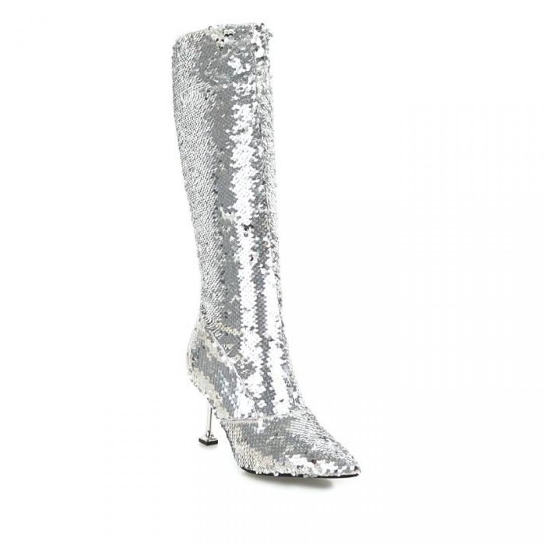 Silver Sequins Bling Knee Long Stiletto High Heels Boots ...