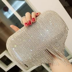 Silver Tassels Rhinestones Ring Glamorous Hand Bridal Clutch Purses Bag