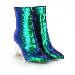 Turquoise Teal Sequins Bling Ankle Party Stage Glass Block High Heels Boots Shoes