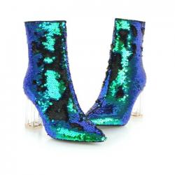 Turquoise Teal Sequins Bling Ankle Party Stage Glass Block High Heels Boots Shoes