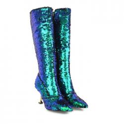 Turquoise Teal Sequins Bling Knee  Long Stiletto High Heels Boots Shoes