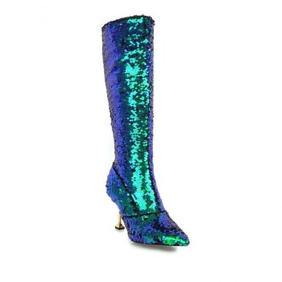 Turquoise Teal Sequins Bling Knee  Long Stiletto High Heels Boots Shoes Boots Zvoof