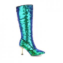 Turquoise Teal Sequins Bling Knee  Long Stiletto High Heels Boots Shoes
