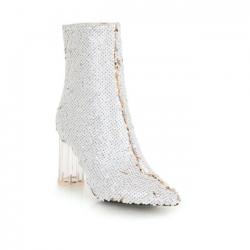 White Gold Sequins Bling Ankle Party Stage Glass Block High Heels Boots Shoes
