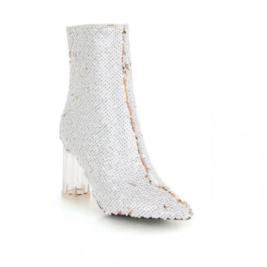 White Gold Sequins Bling Ankle Party Stage Glass Block High Heels Boots Shoes Boots Zvoof