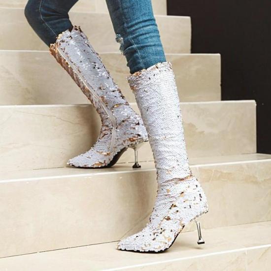 White Gold Sequins Bling Knee Long Stiletto High Heels Boots Shoes Boots Zvoof