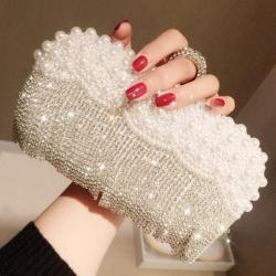White Pearls Tassels Rhinestones Ring Glamorous Hand Bridal Clutch Purses Bag