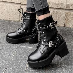 Black Buckles Punk Rock Thick Chunky Sole Military Combat Boots Shoes