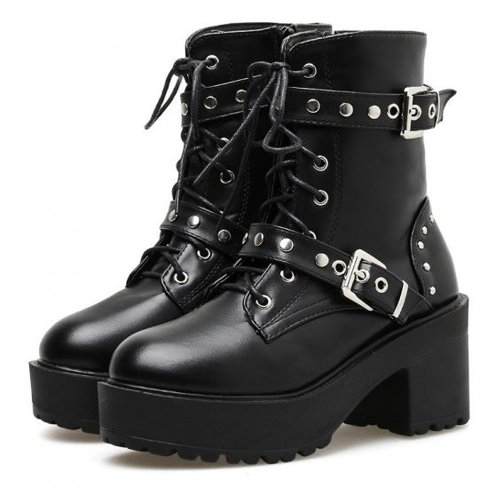 Black Buckles Punk Rock Thick Chunky Sole Military Combat Boots Shoes Platforms Zvoof
