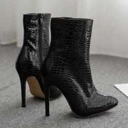 Black Croc Patent Funky Punk Rock Pointed Head High Stiletto Heels Boots