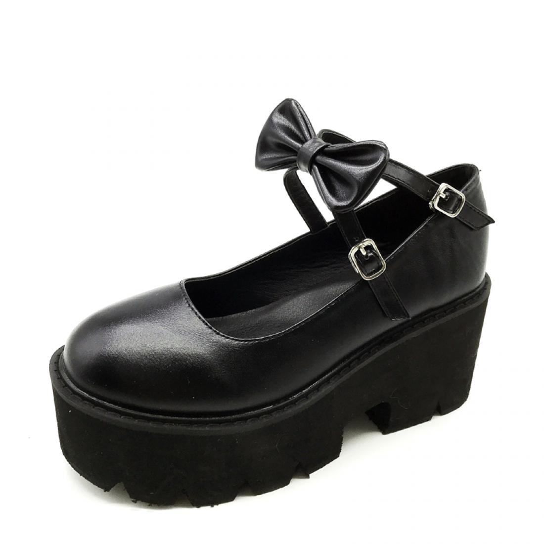 Black Cross Bow Platforms Chunky Sole Bow Lolita Mary Jane ...