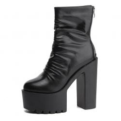 Black Funky Chunky Block Sole Ankle High Heels Boots Shoes