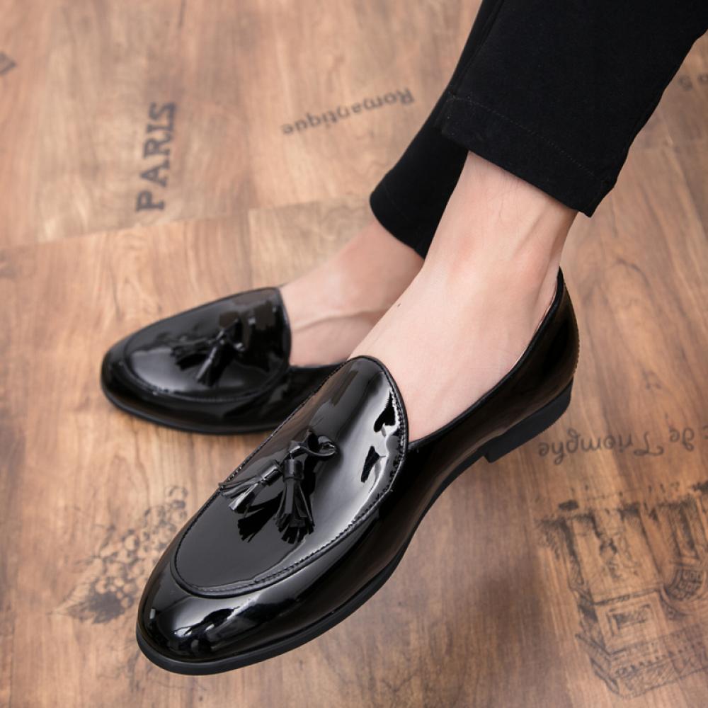 Black Glossy Patent Tassels Mens Loafers Prom Flats Dress 5846