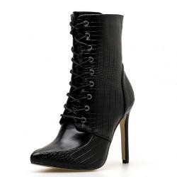 Black Lace Up Funky Punk Rock Pointed Head High Stiletto Heels Boots