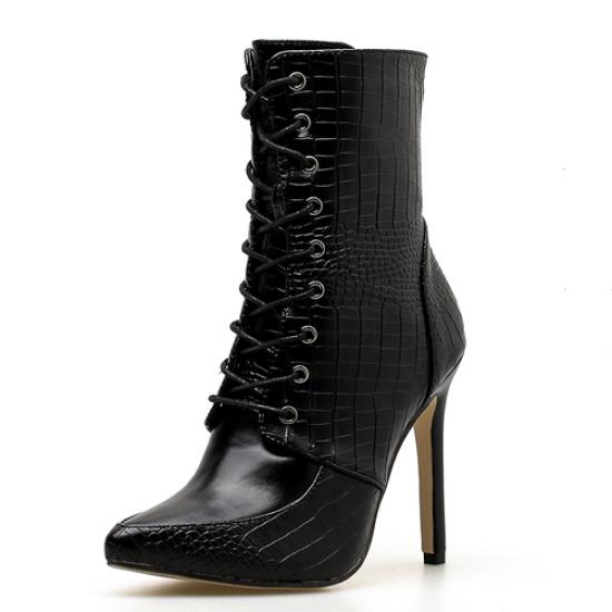 Black Lace Up Funky Punk Rock Pointed Head High Stiletto Heels Boots High Heels Zvoof