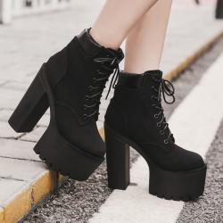 Black Lace Up Punk Rock Chunky Block Sole Ankle High Heels Boots Shoes