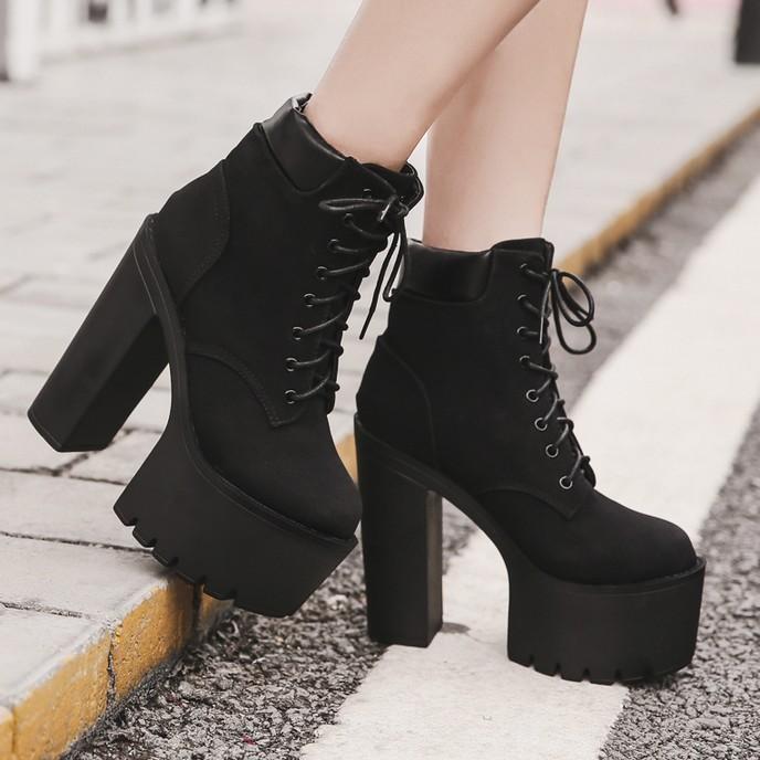 Womens Patent Leather Lace Up Chunky Block Heels Military Ankle Boot Punk shoes 
