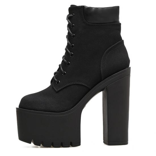 Black Lace Up Punk Rock Chunky Block Sole Ankle High Heels Boots Shoes Platforms Zvoof
