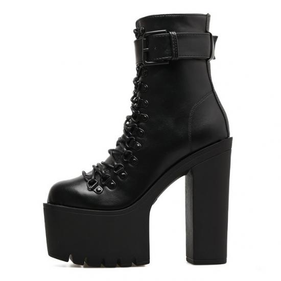 Black Lace Up Strappy Chunky Block Sole Ankle High Heels Boots Shoes Platforms Zvoof