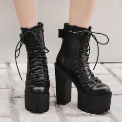 Black Lace Up Strappy Chunky Block Sole Ankle High Heels Boots Shoes