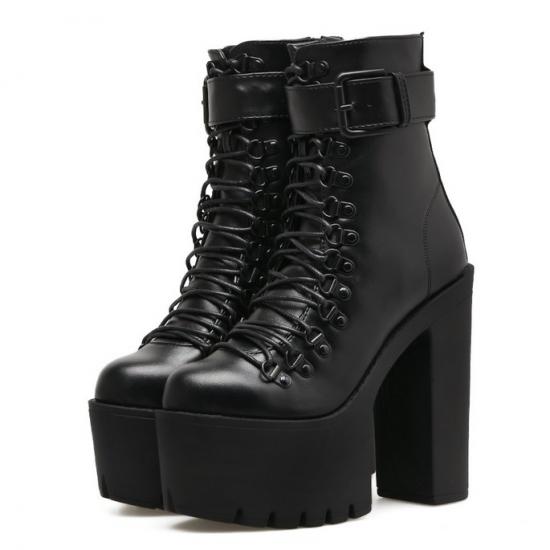 Black Lace Up Strappy Chunky Block Sole Ankle High Heels Boots Shoes Platforms Zvoof
