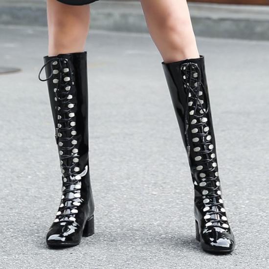 Black Patent Lace Up Long Knee Military Blunt Head Fashion Stage Boots Boots Zvoof