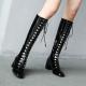 Black Patent Lace Up Long Knee Military Blunt Head Fashion Stage Boots Boots Zvoof