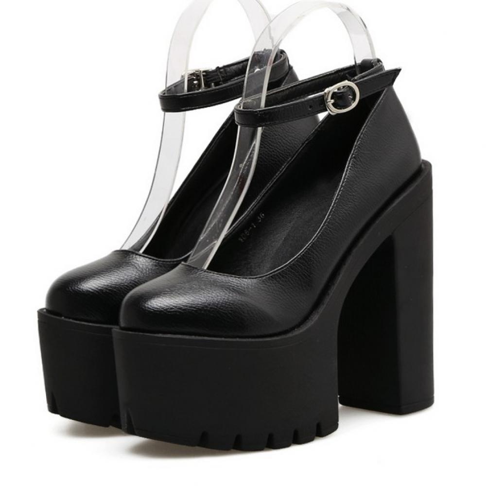 Black Punk Rock Thick Chunky Sole High Heels Mary Jane Shoes ...