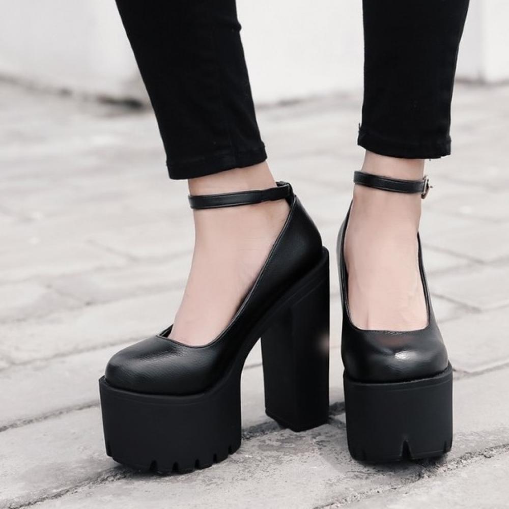 Black Punk Rock Thick Chunky Sole High Heels Mary Jane Shoes ...