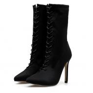 Black Satin Lace Up Funky Punk Rock Pointed Head High Stiletto Heels Boots