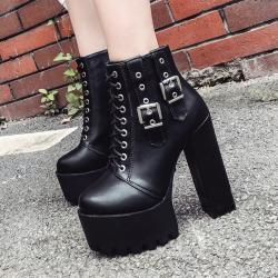 Black Side Buckles Chunky Block Sole Ankle High Heels Boots Shoes