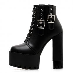 Black Side Buckles Chunky Block Sole Ankle High Heels Boots Shoes