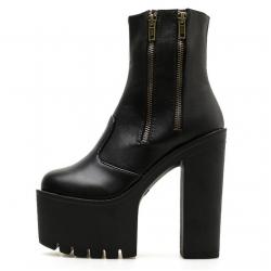 Black Side Zippers Chunky Block Sole Ankle High Heels Boots Shoes
