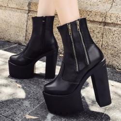 Black Side Zippers Chunky Block Sole Ankle High Heels Boots Shoes
