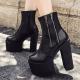 Black Side Zippers Chunky Block Sole Ankle High Heels Boots Shoes Platforms Zvoof