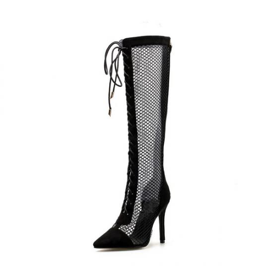 Black Suede Fish Net Lace Up Long Knee Stiletto High Heels Boots Shoes High Heels Zvoof
