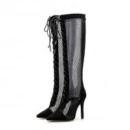 Black Suede Fish Net Lace Up Long Knee Stiletto High Heels Boots Shoes