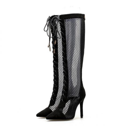 Black Suede Fish Net Lace Up Long Knee Stiletto High Heels Boots Shoes High Heels Zvoof